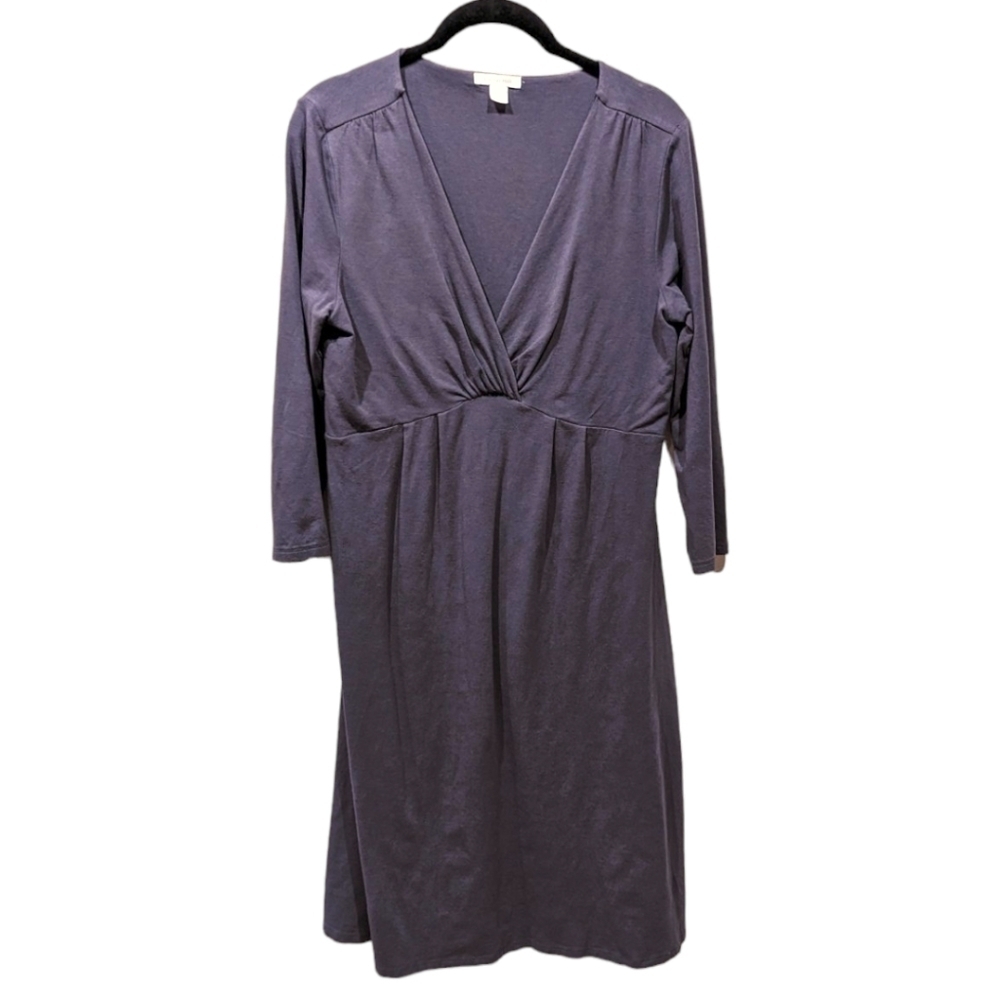 Garnet Hill Faux Wrap Surplice Neckline Gathered Mocha Stretchy Jersey Dress (M)